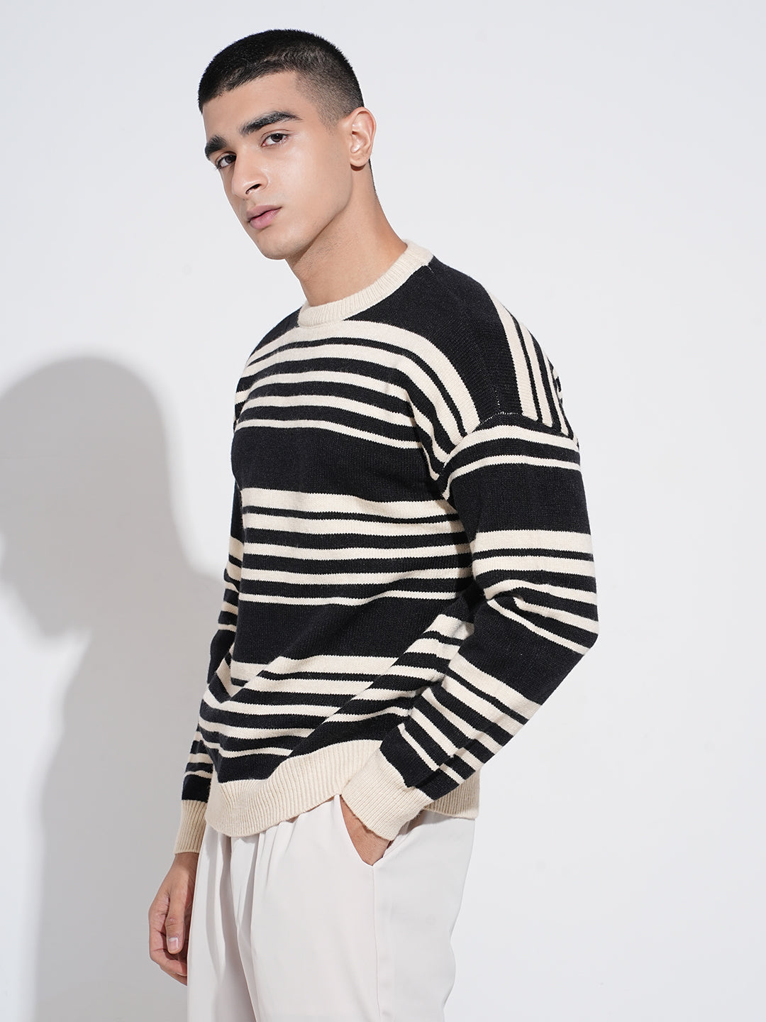 Men's Striped Black Ribbed Crew Neck Sweater