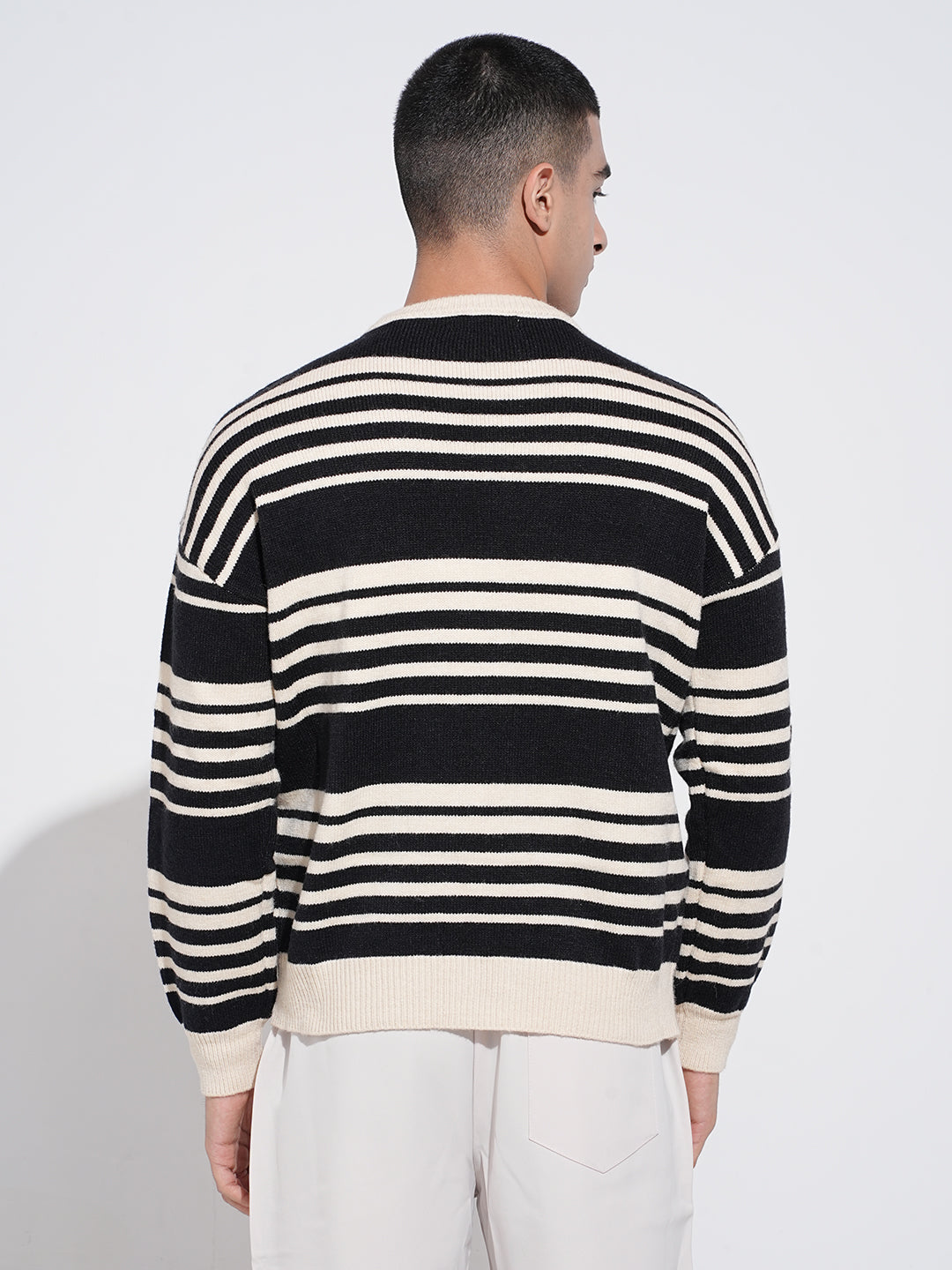 Men's Striped Black Ribbed Crew Neck Sweater