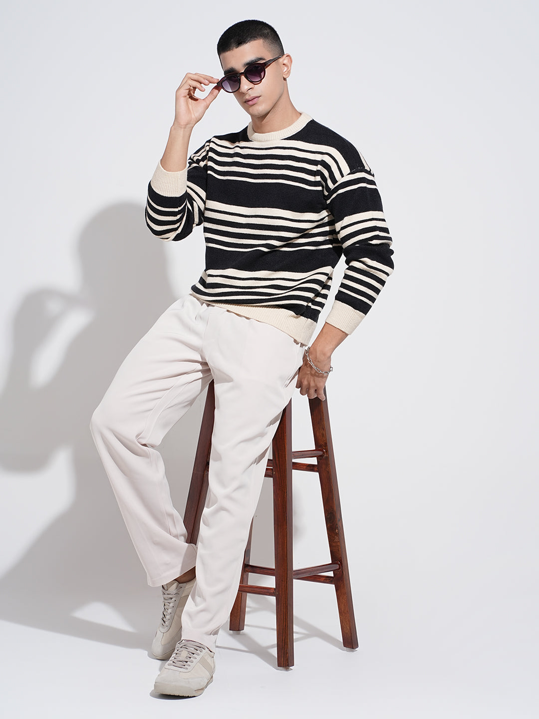 Men's Striped Black Ribbed Crew Neck Sweater