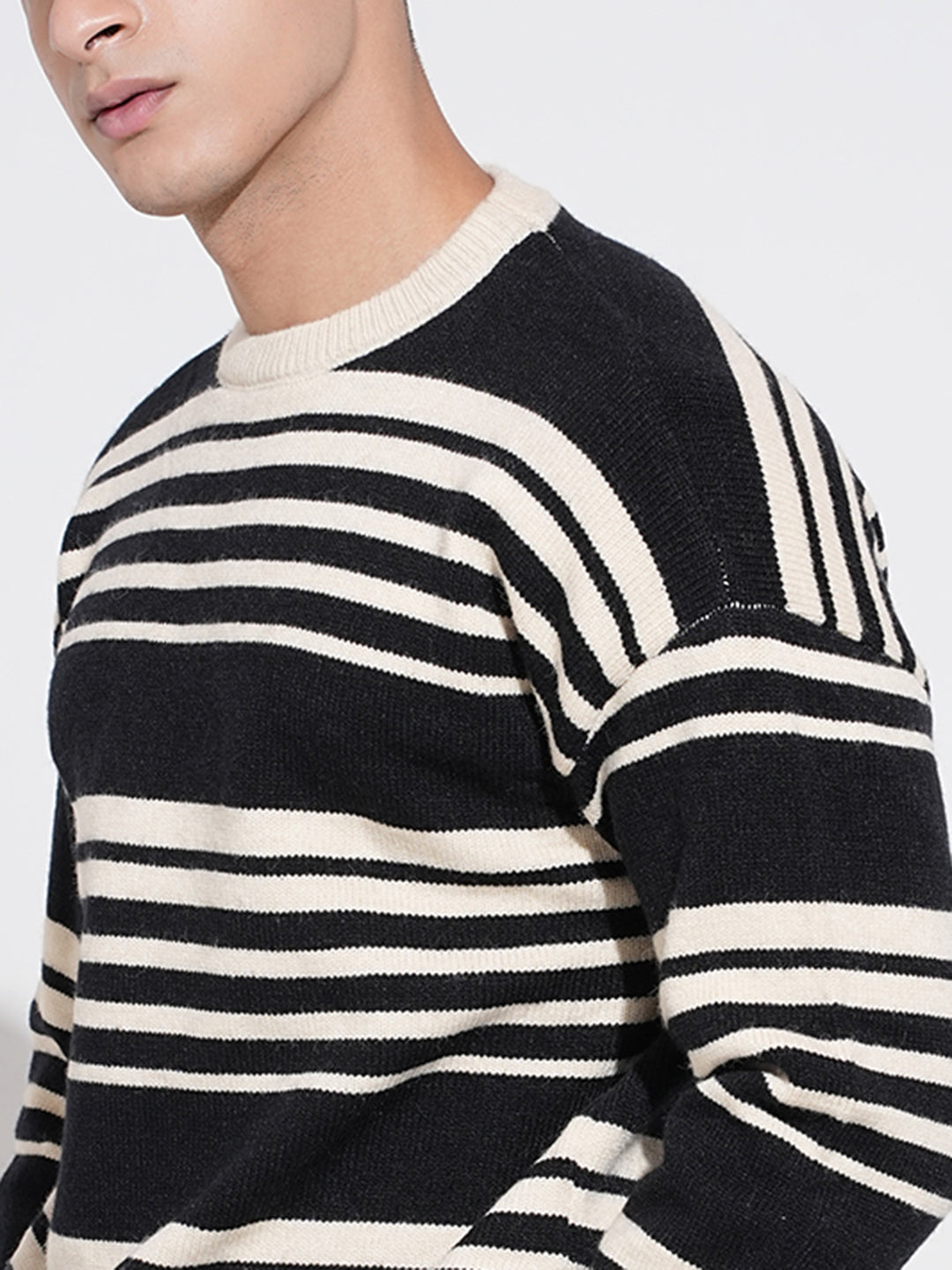 Men's Striped Black Ribbed Crew Neck Sweater
