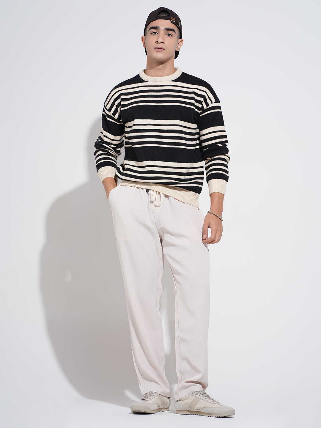 Men's Striped Black Ribbed Crew Neck Sweater