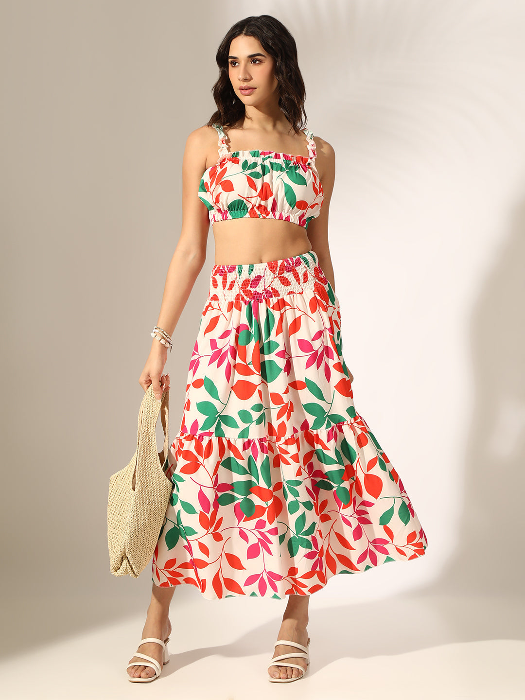 Women's Printed Multi Crop Top with Tiered Maxi Skirt Co-Ord Set