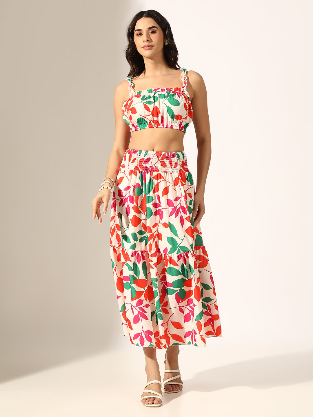 Women's Printed Multi Crop Top with Tiered Maxi Skirt Co-Ord Set