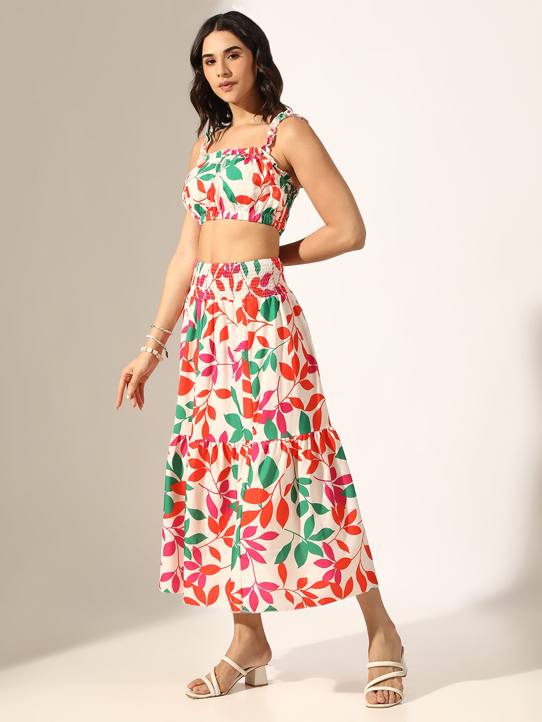Women's Printed Multi Crop Top with Tiered Maxi Skirt Co-Ord Set