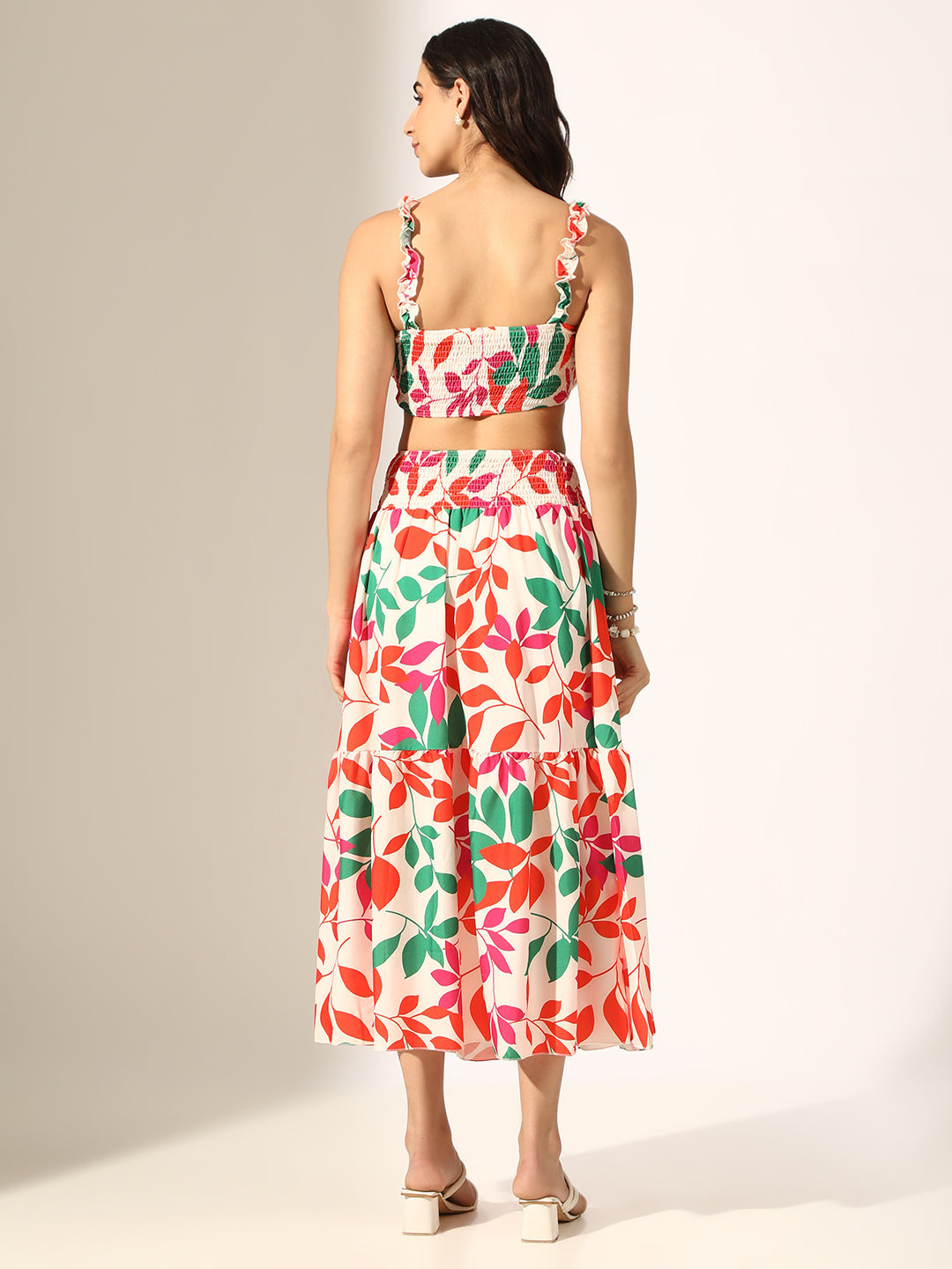 Women's Printed Multi Crop Top with Tiered Maxi Skirt Co-Ord Set