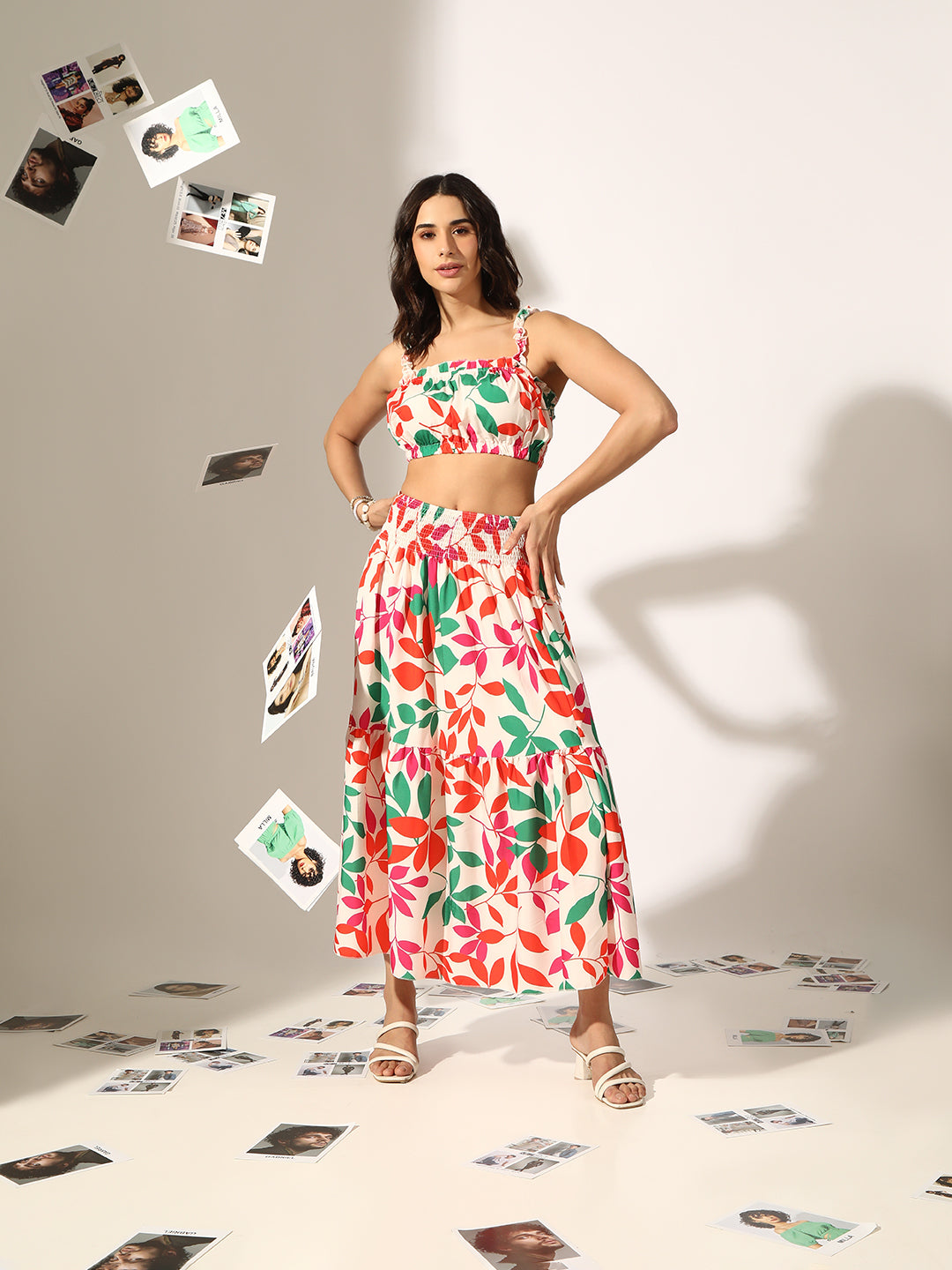 Women's Printed Multi Crop Top with Tiered Maxi Skirt Co-Ord Set