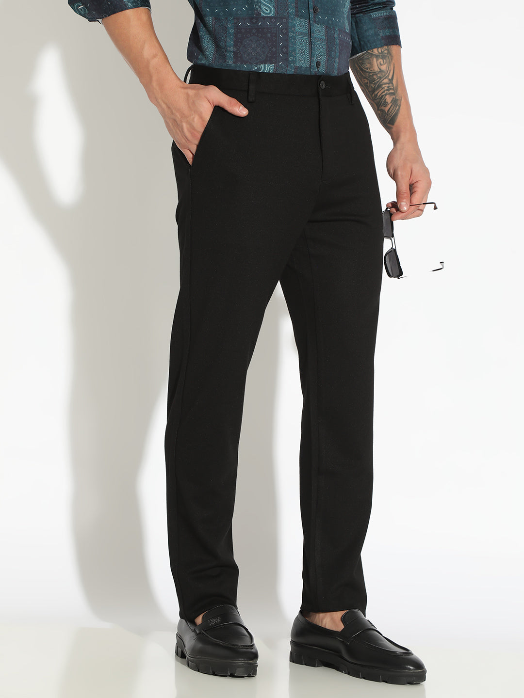 Men's Black Formal Low Rise Slim Fit Trousers