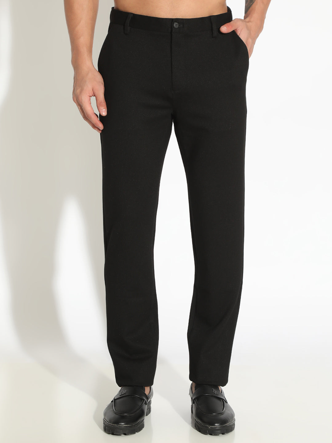 Men's Black Formal Low Rise Slim Fit Trousers