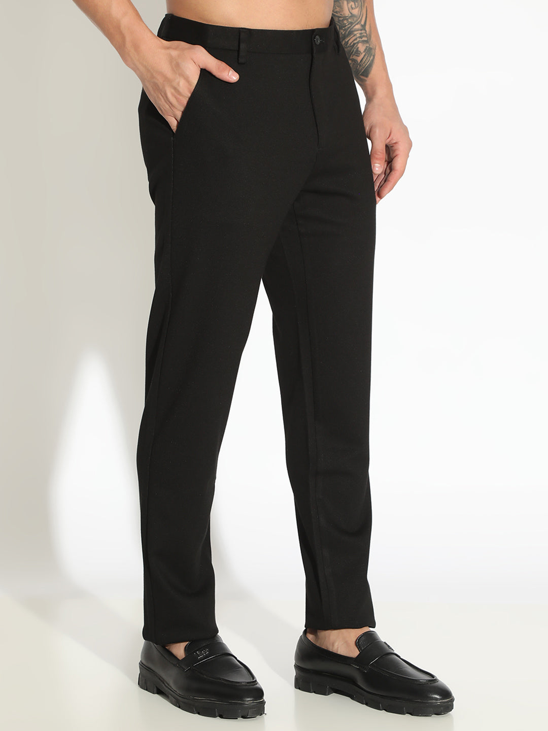 Men's Black Formal Low Rise Slim Fit Trousers
