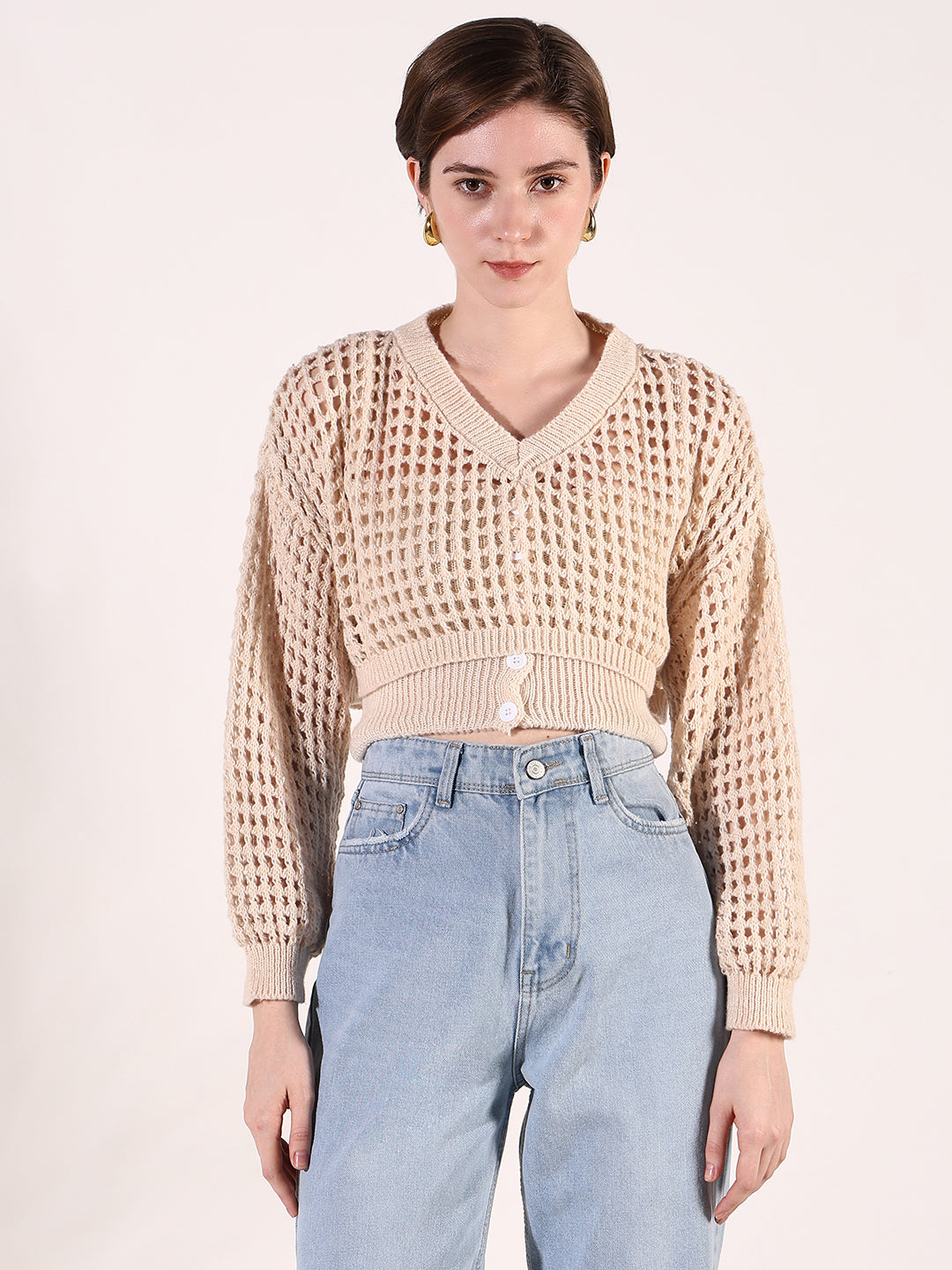 Women Cream Solid Crochet Crop Top with Over top