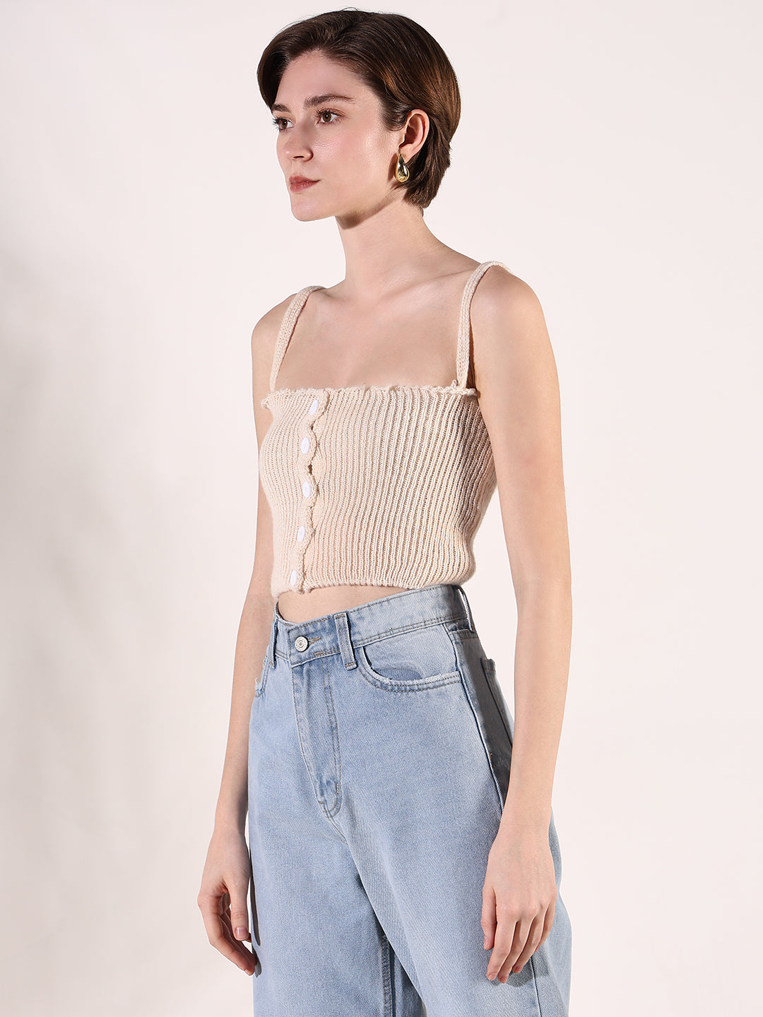 Women Cream Solid Crochet Crop Top with Over top