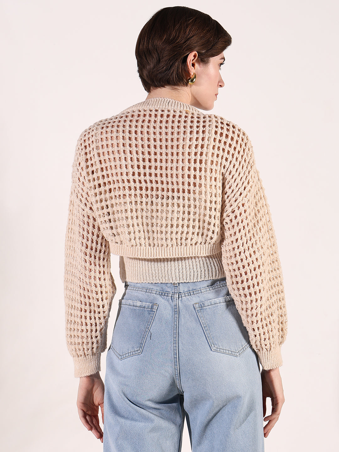 SHOWOFFFF Women's Cream Solid Fitted Crochet Crop Top with Over top