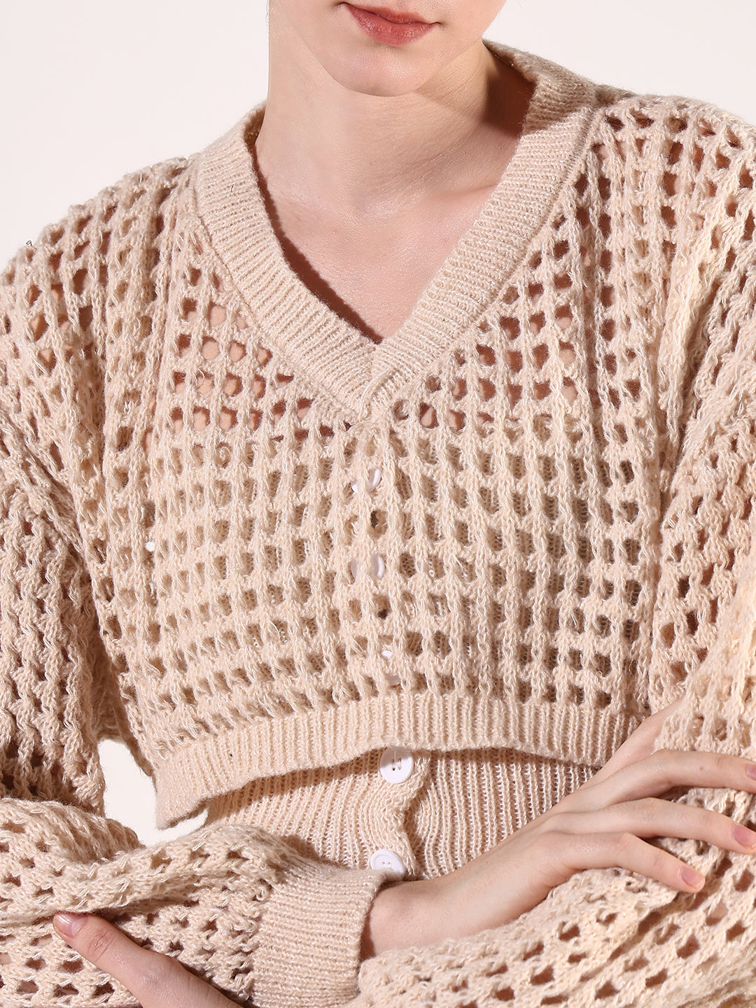 SHOWOFFFF Women's Cream Solid Fitted Crochet Crop Top with Over top