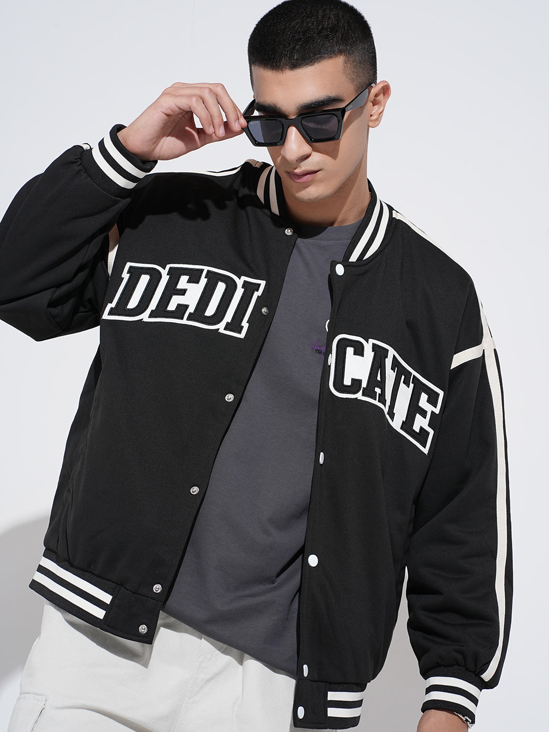 Men's Typography Black Mandarin Collar Oversized Varsity Jacket