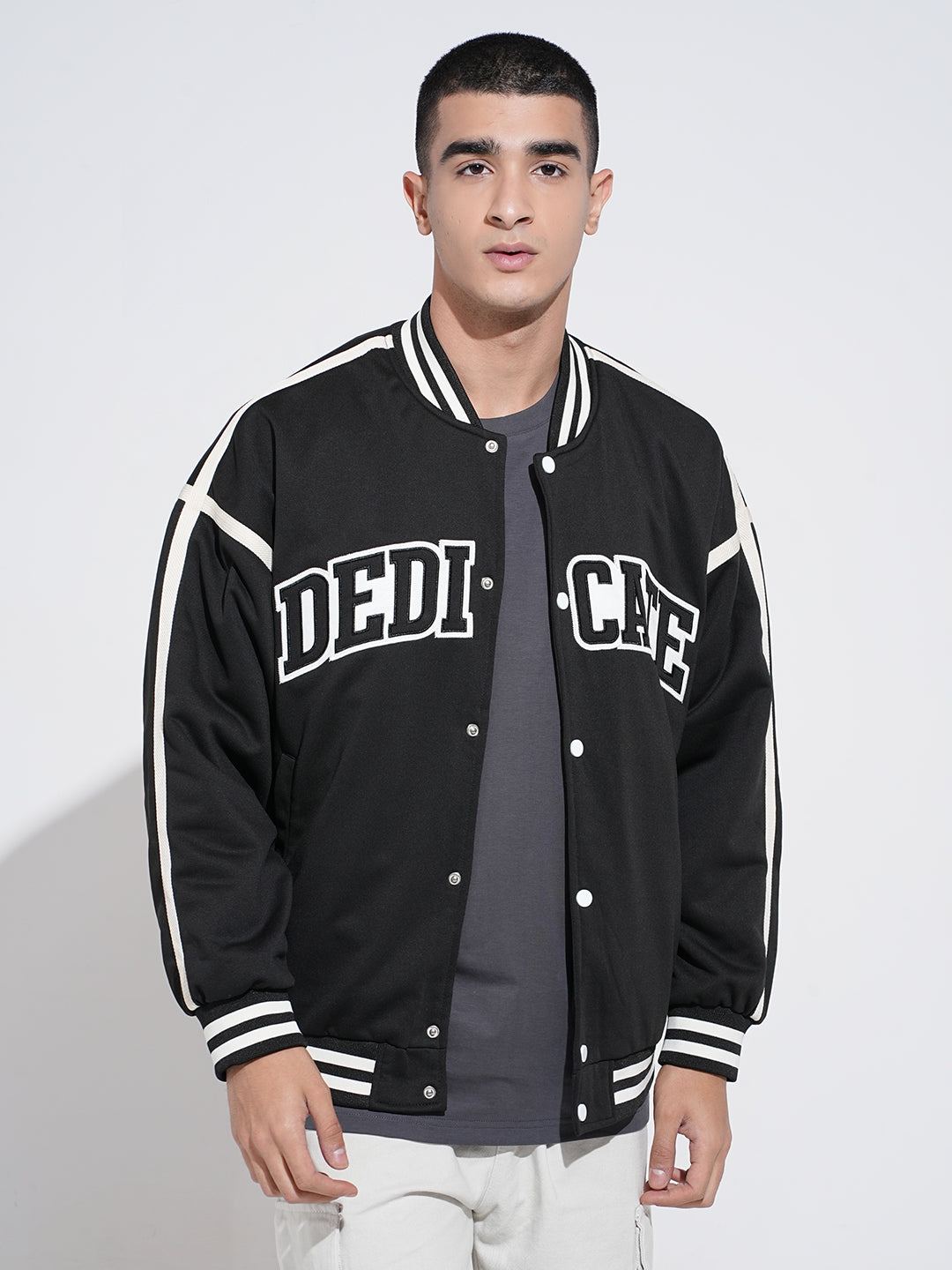 Men's Typography Black Mandarin Collar Oversized Varsity Jacket