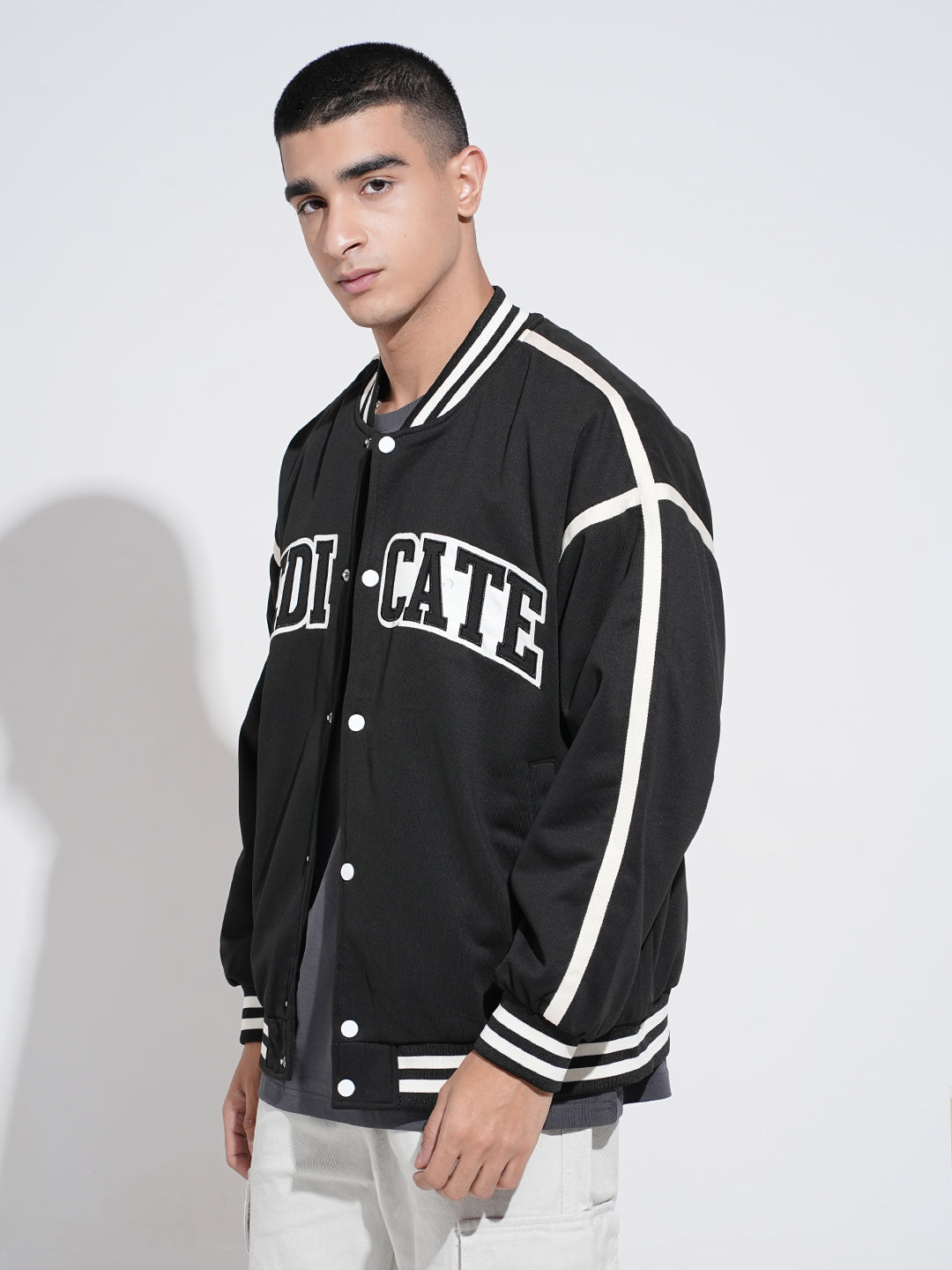 Men's Typography Black Mandarin Collar Oversized Varsity Jacket
