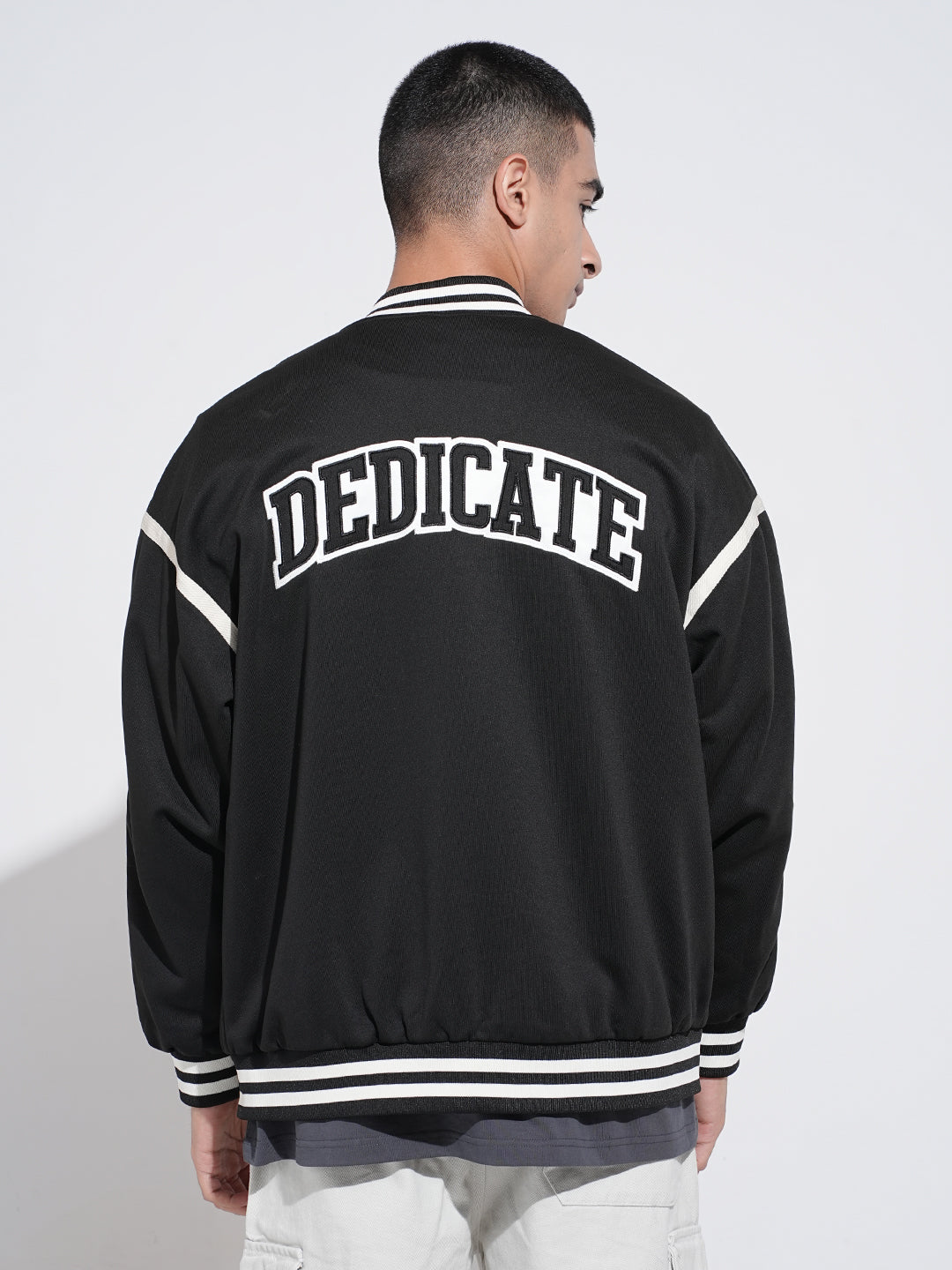 Men's Typography Black Mandarin Collar Oversized Varsity Jacket