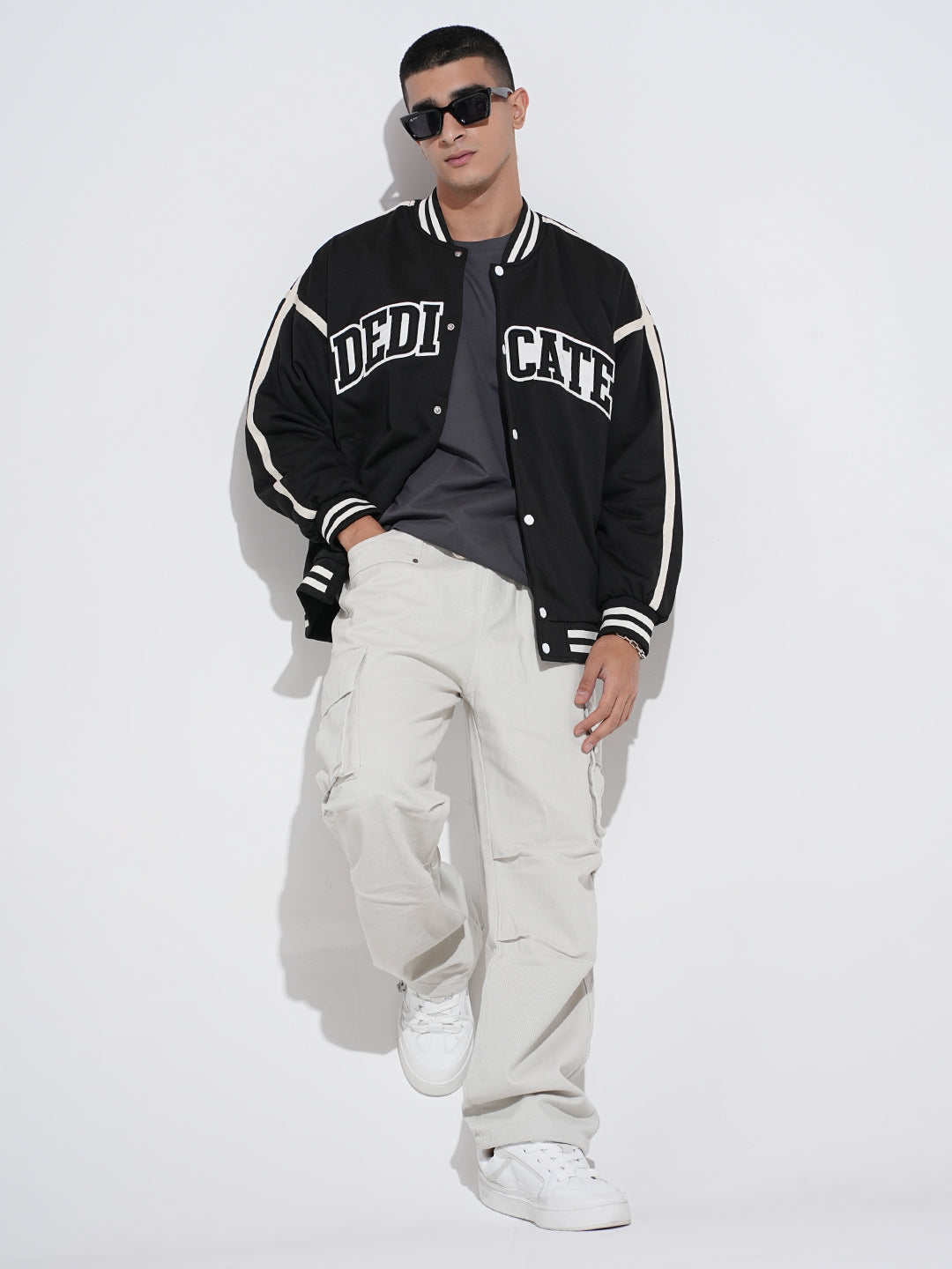 Men's Typography Black Mandarin Collar Oversized Varsity Jacket