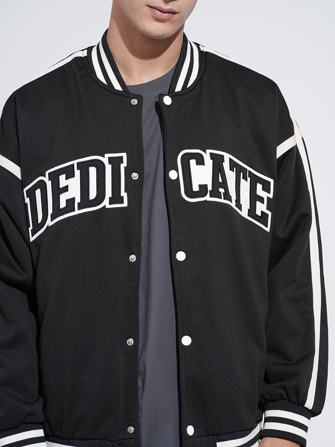 Men's Typography Black Mandarin Collar Oversized Varsity Jacket