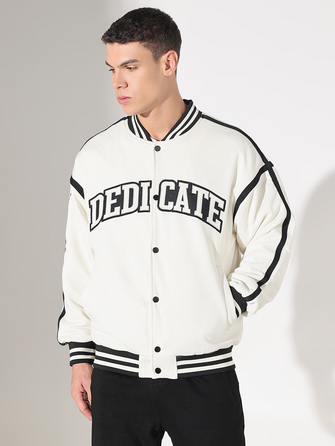 Men's Typography White Mandarin Collar Oversized Varsity Jacket