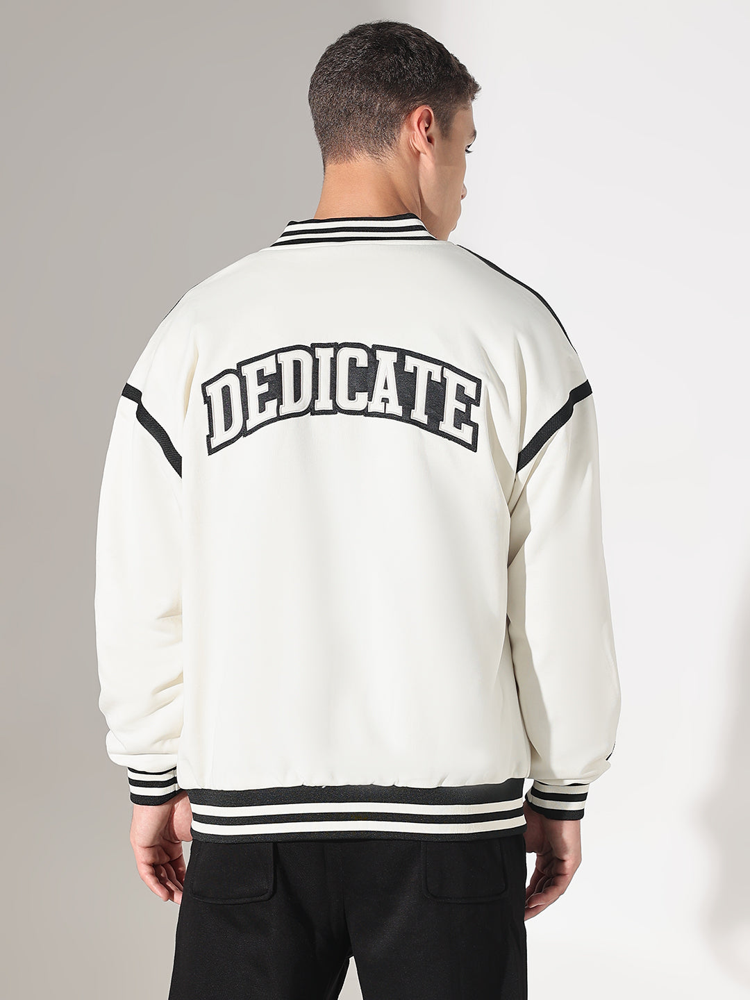 Men's Typography White Mandarin Collar Oversized Varsity Jacket