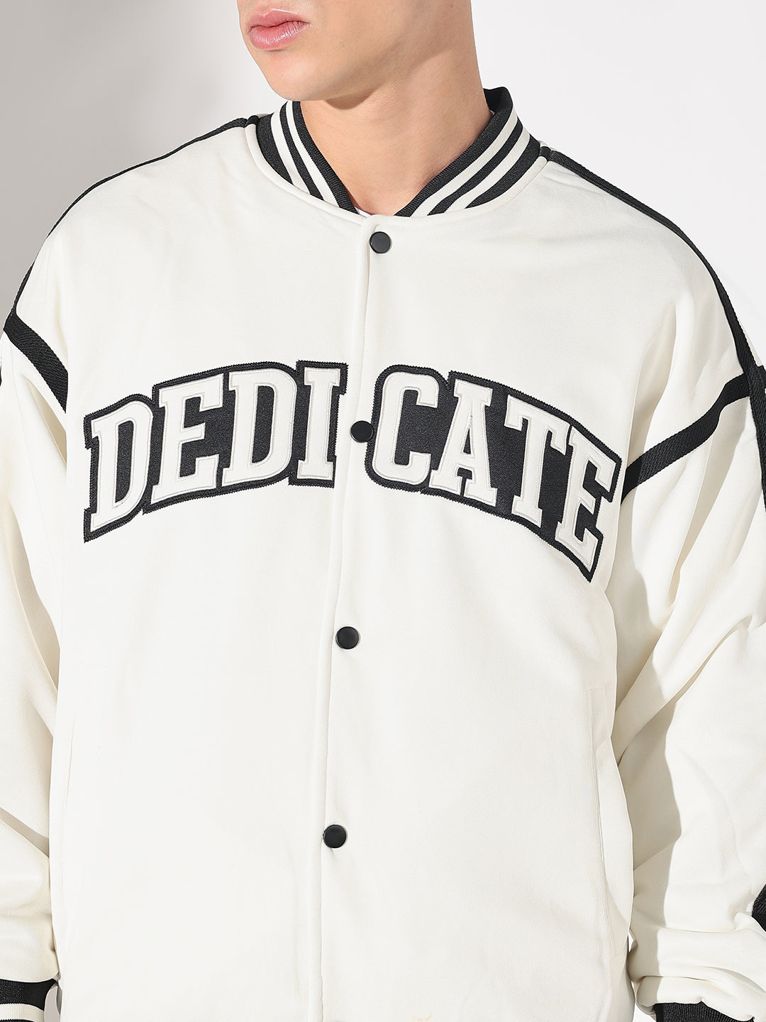 Men's Typography White Mandarin Collar Oversized Varsity Jacket