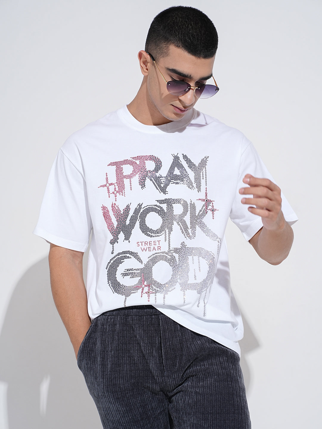 Men's Embellished White Round Neck T-Shirt