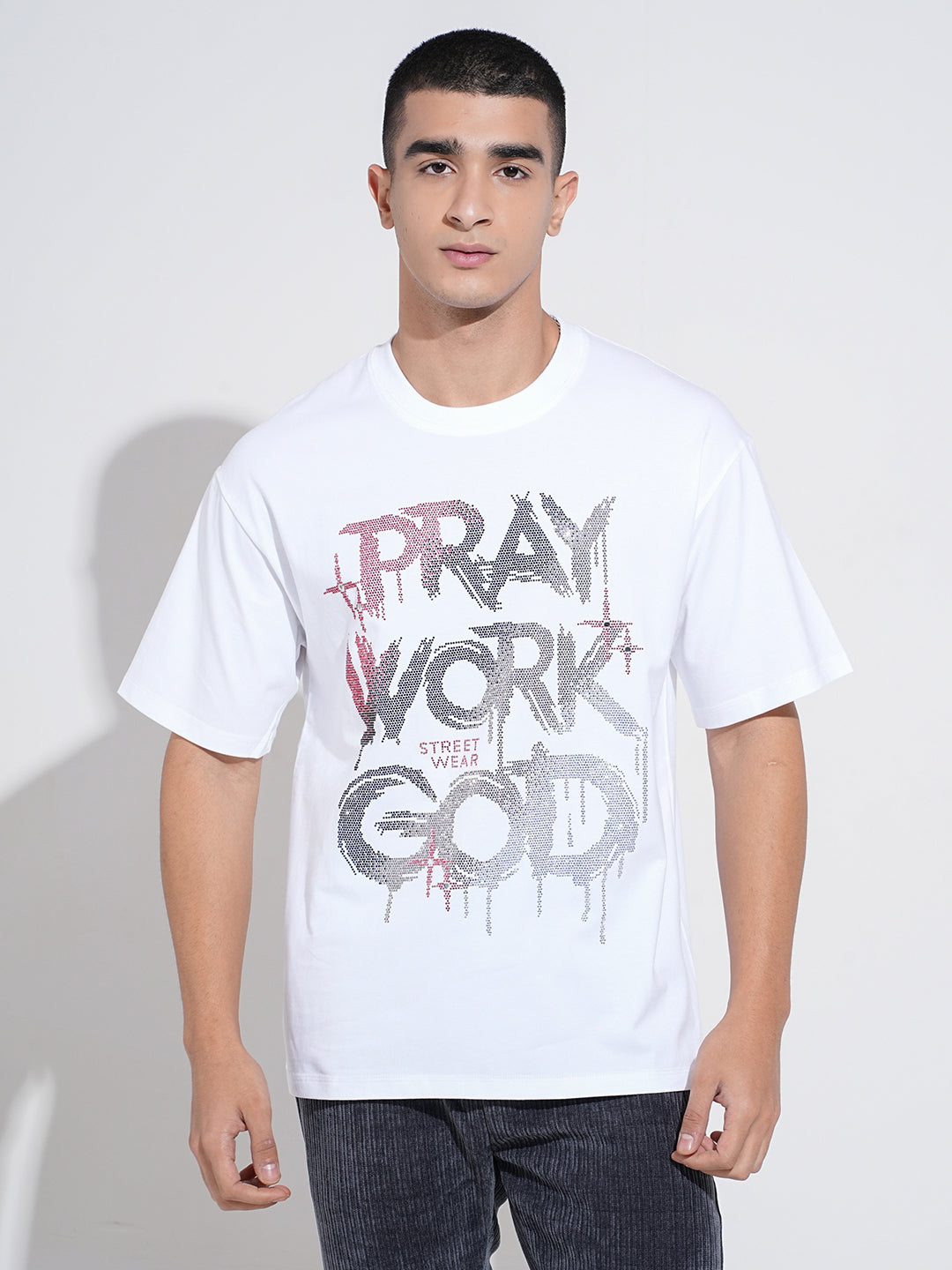 Men's Embellished White Round Neck T-Shirt