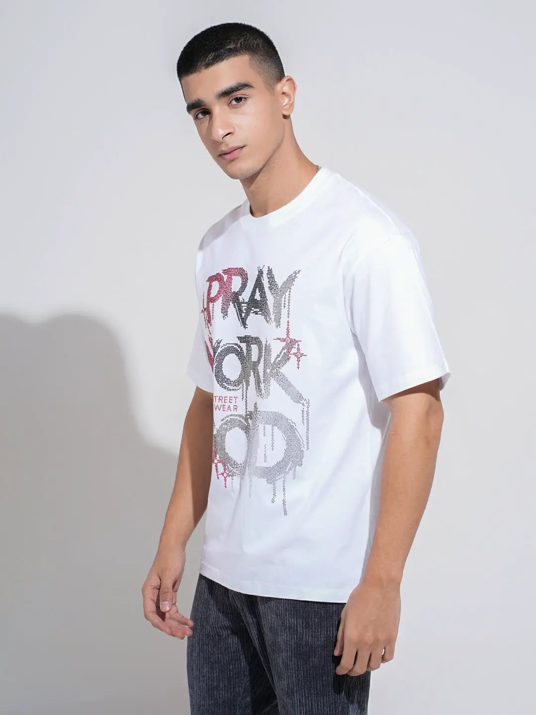 Men's Embellished White Round Neck T-Shirt - from SHOWOFFFF