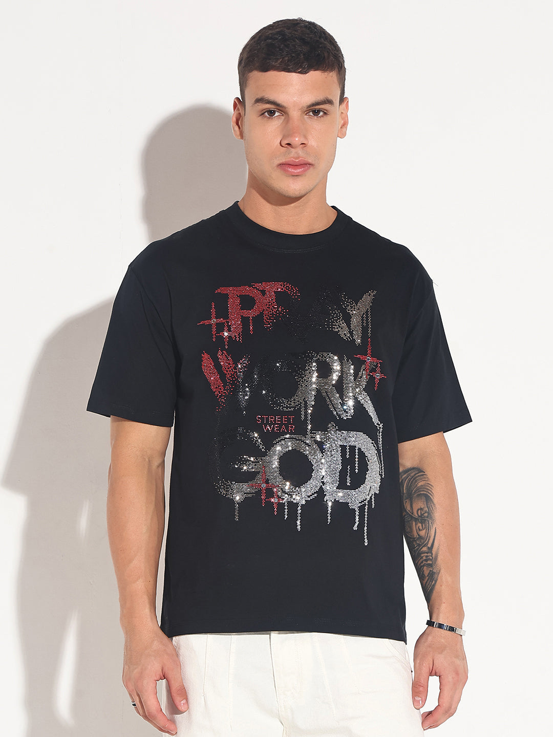 Men's Embellished Black Round Neck T-Shirt