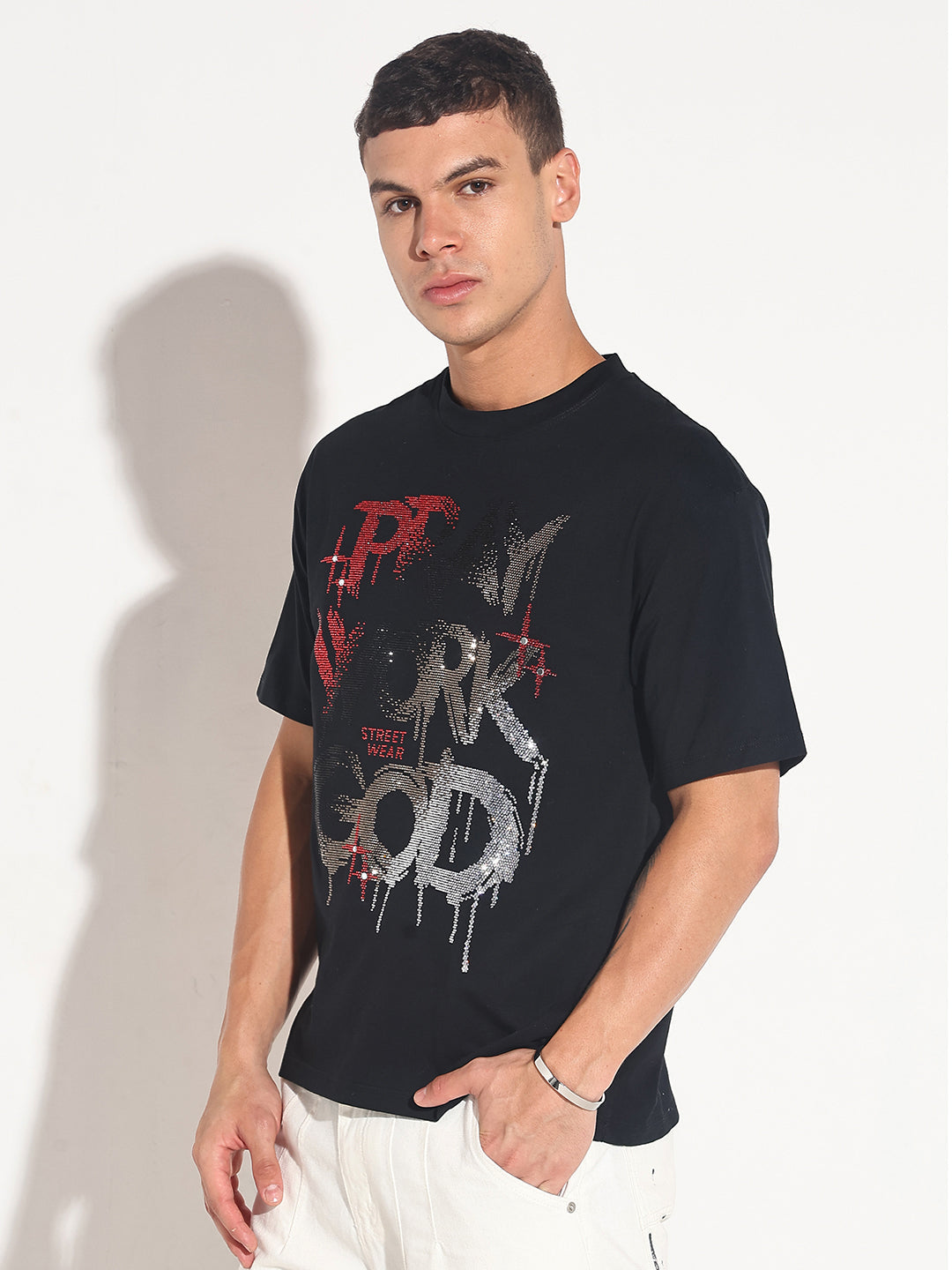 Men's Embellished Black Round Neck T-Shirt