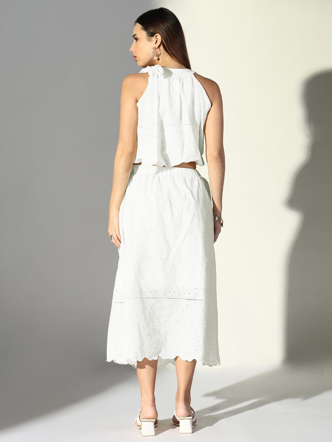 Women's Schiffli White Neck Tie Crop Top with Midi Skirt Co-Ords Set