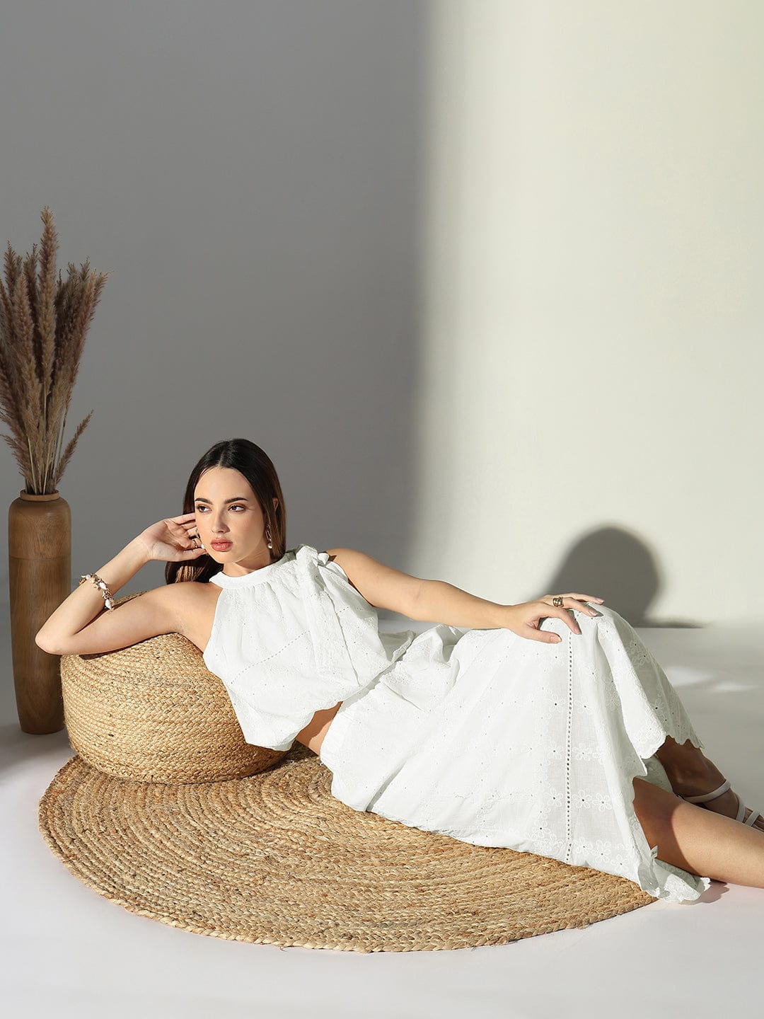 Women's Schiffli White Neck Tie Crop Top with Midi Skirt Co-Ords Set