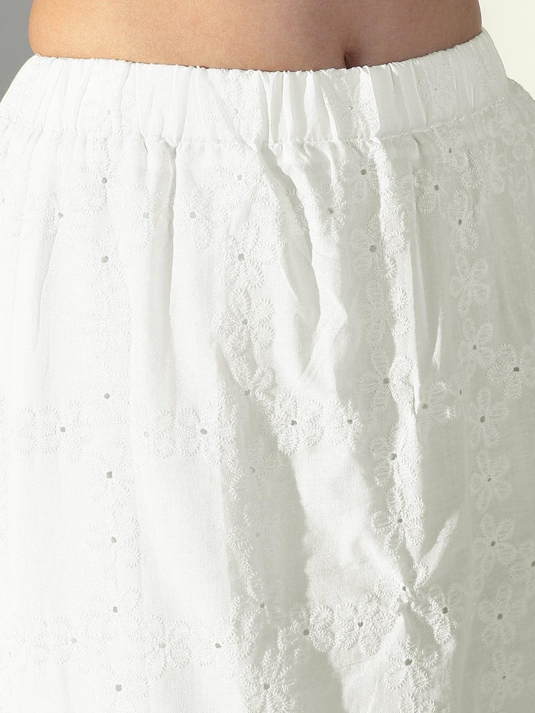 Women's Schiffli White Neck Tie Crop Top with Midi Skirt Co-Ords Set