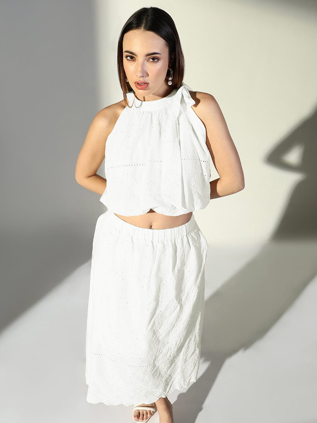 Women's Schiffli White Neck Tie Crop Top with Midi Skirt Co-Ords Set