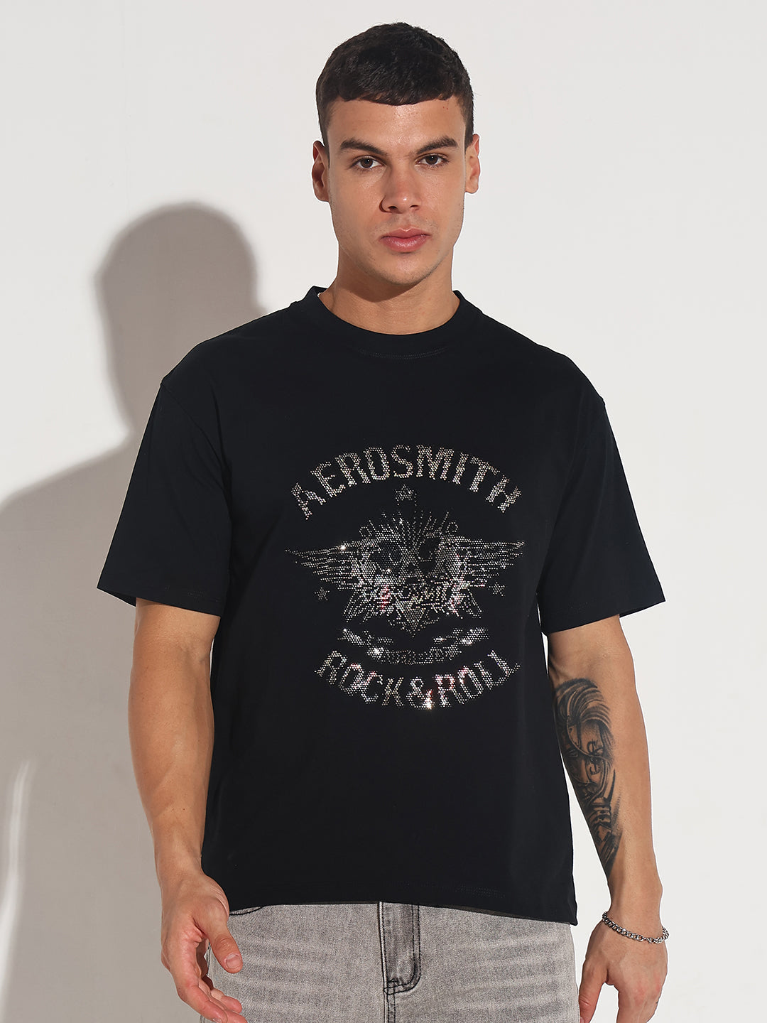 Men's Embellished Black Round Neck T-Shirt