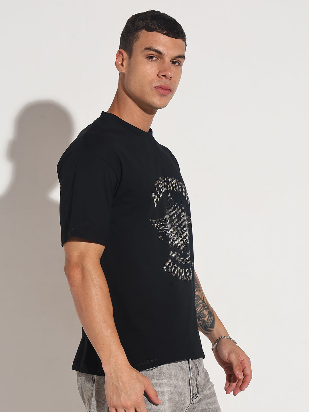 Men's Embellished Black Round Neck T-Shirt