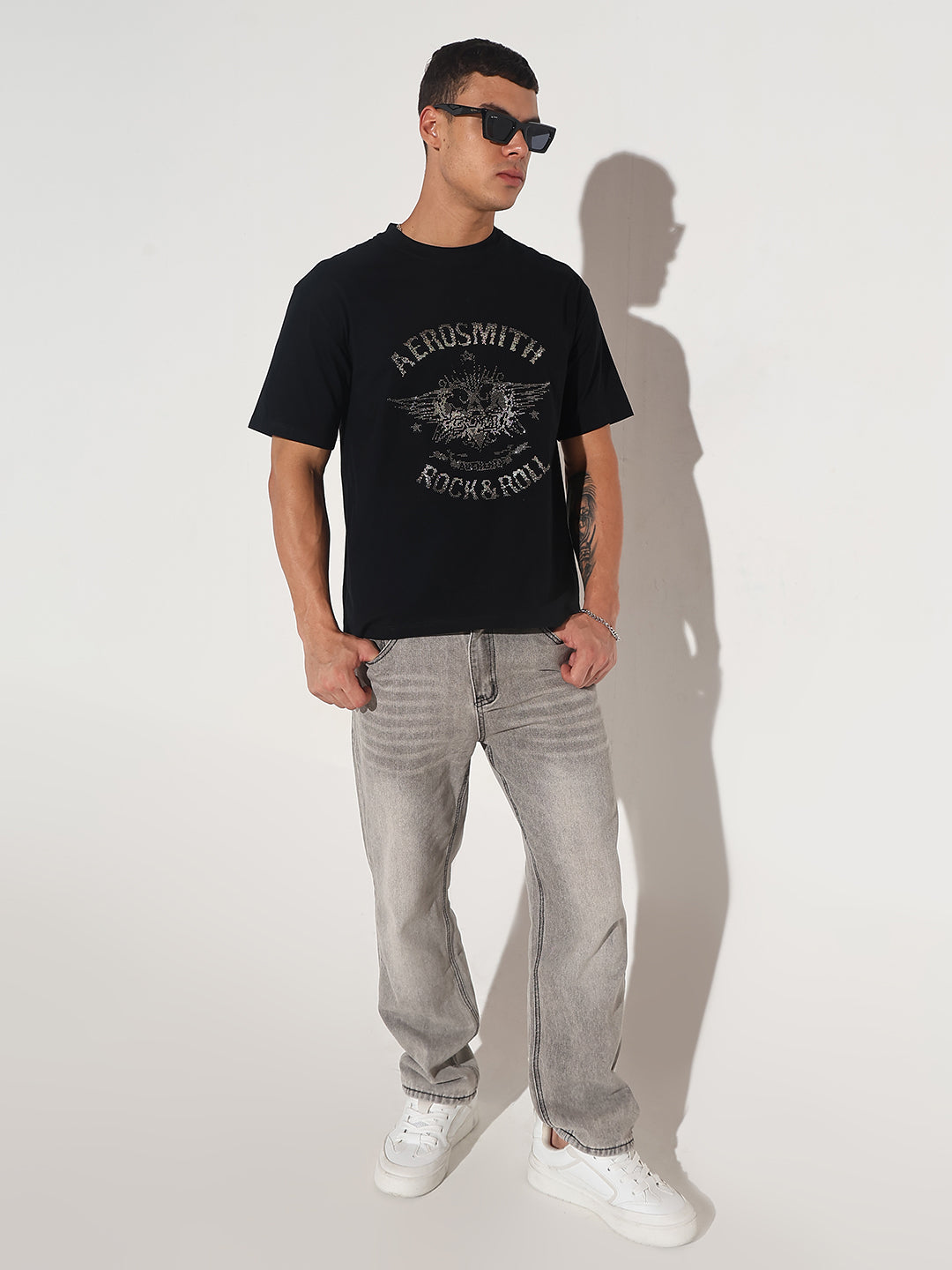 Men's Embellished Black Round Neck T-Shirt