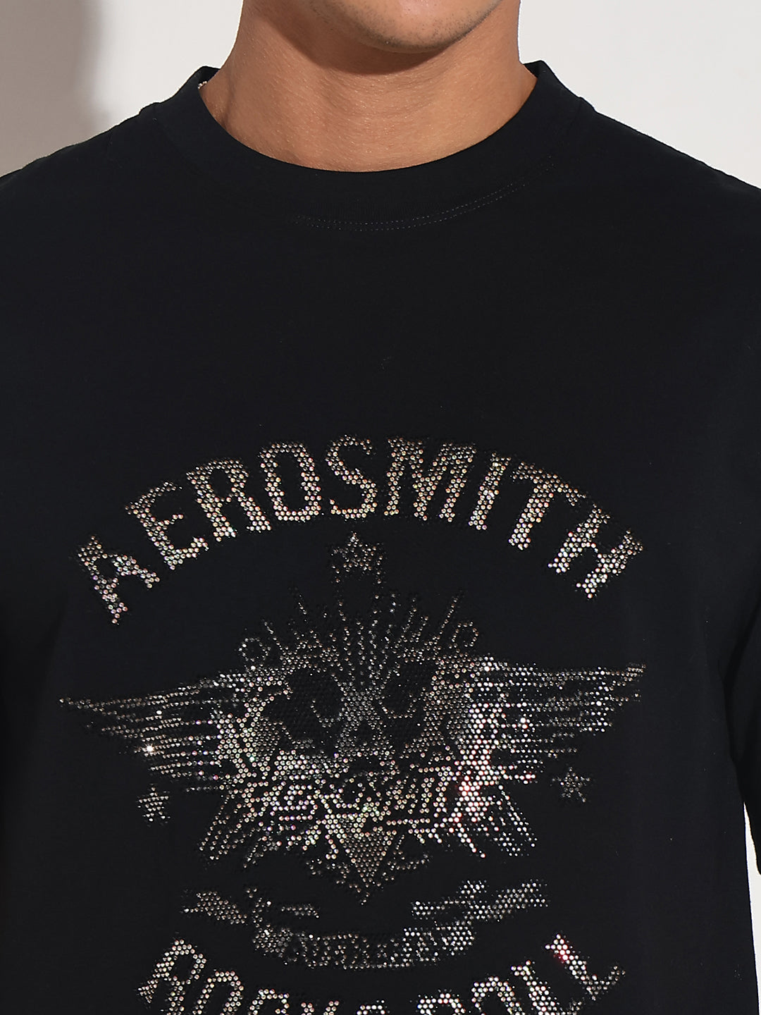 Men's Embellished Black Round Neck T-Shirt