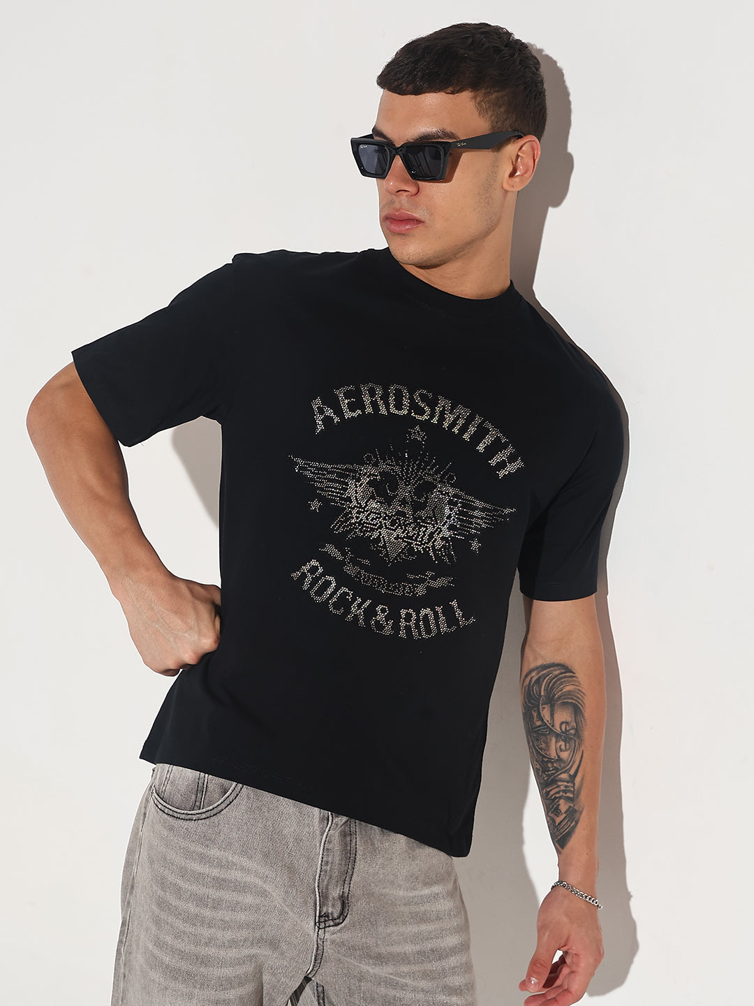 Men's Embellished Black Round Neck T-Shirt