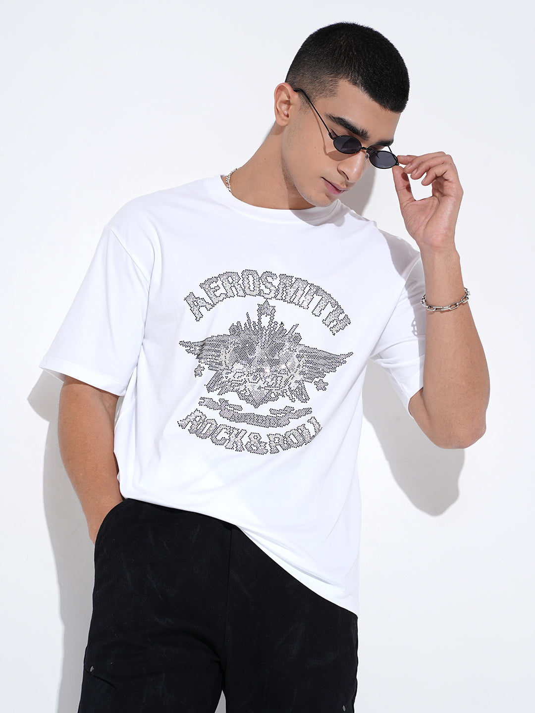 Men's Embellished White Round Neck T-Shirt