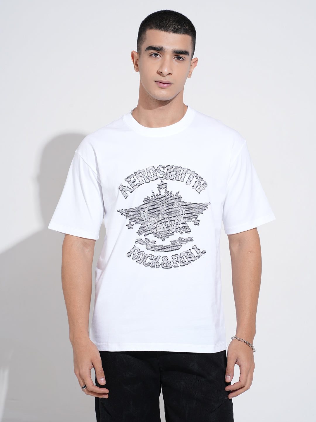Men's Embellished White Round Neck T-Shirt