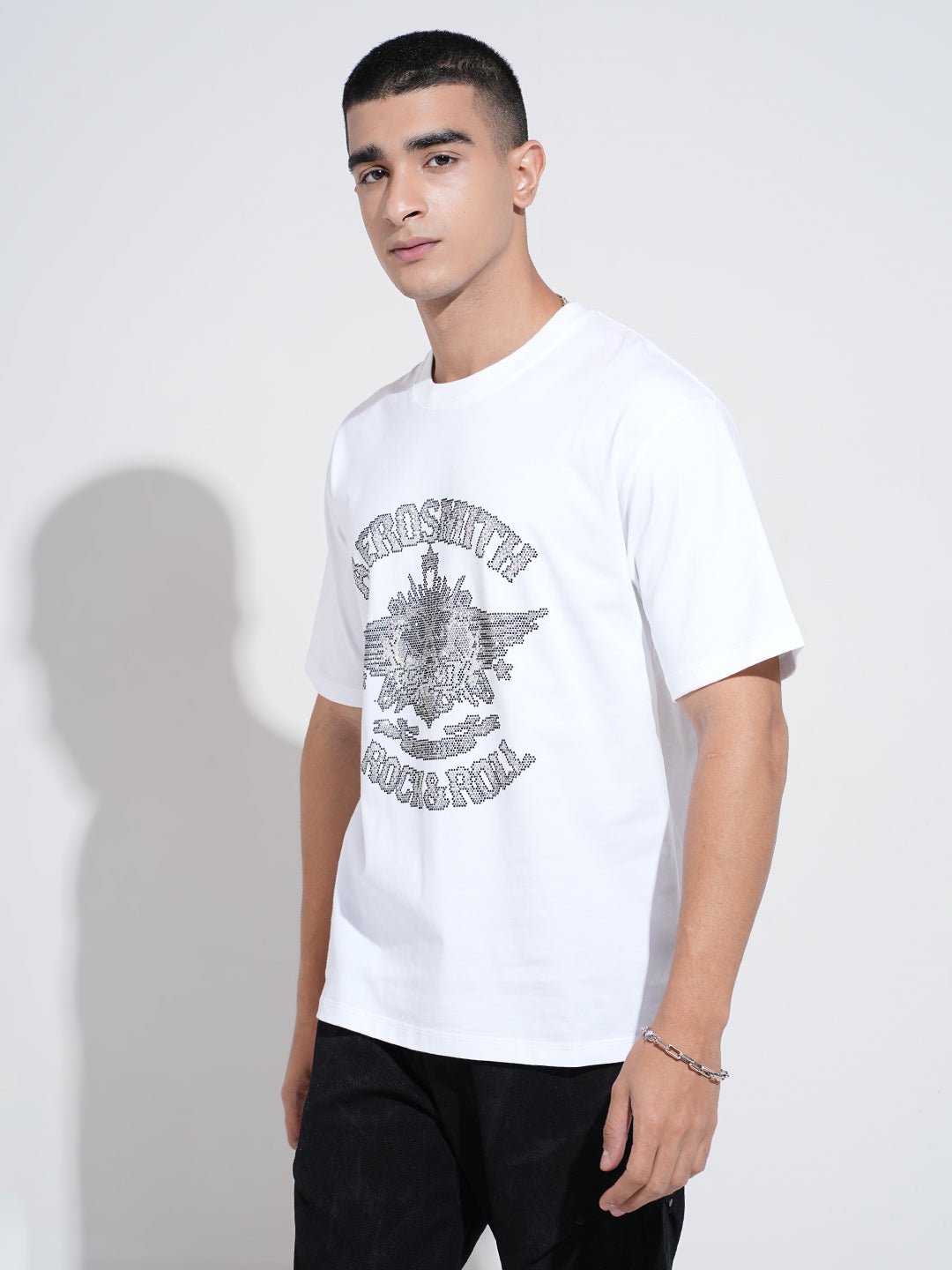 Men's Embellished White Round Neck T-Shirt