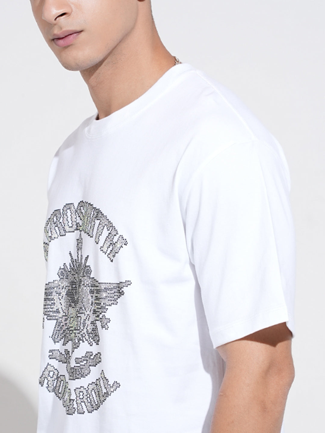 Men's Embellished White Round Neck T-Shirt