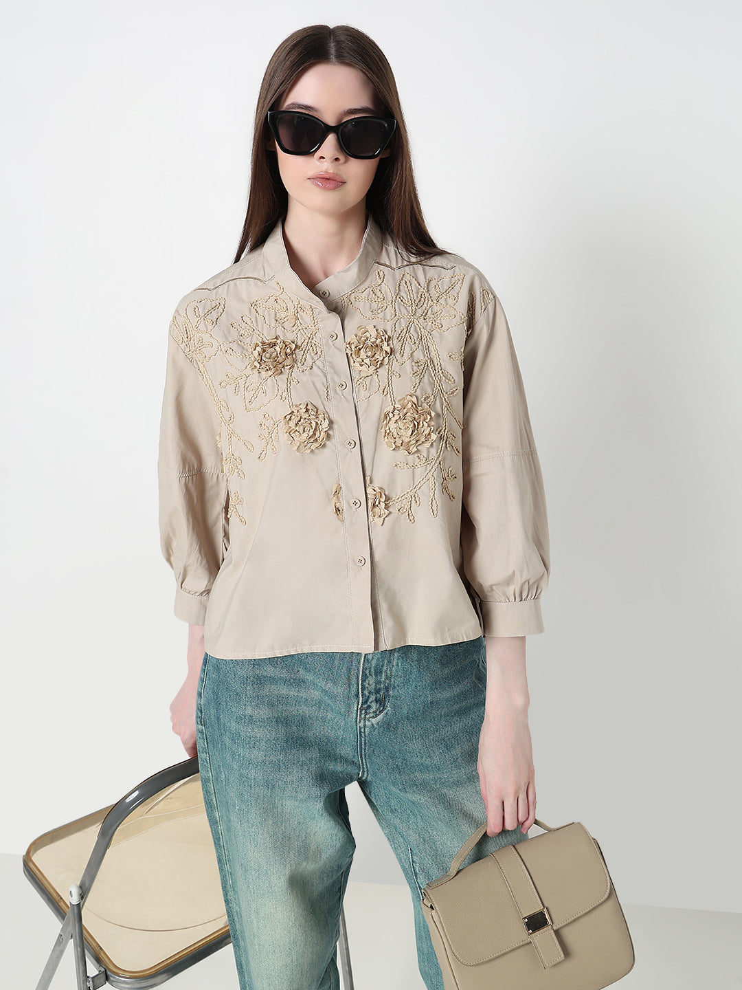 Women's Embellished Beige Floral Embroidered Shirt with Balloon Sleeves