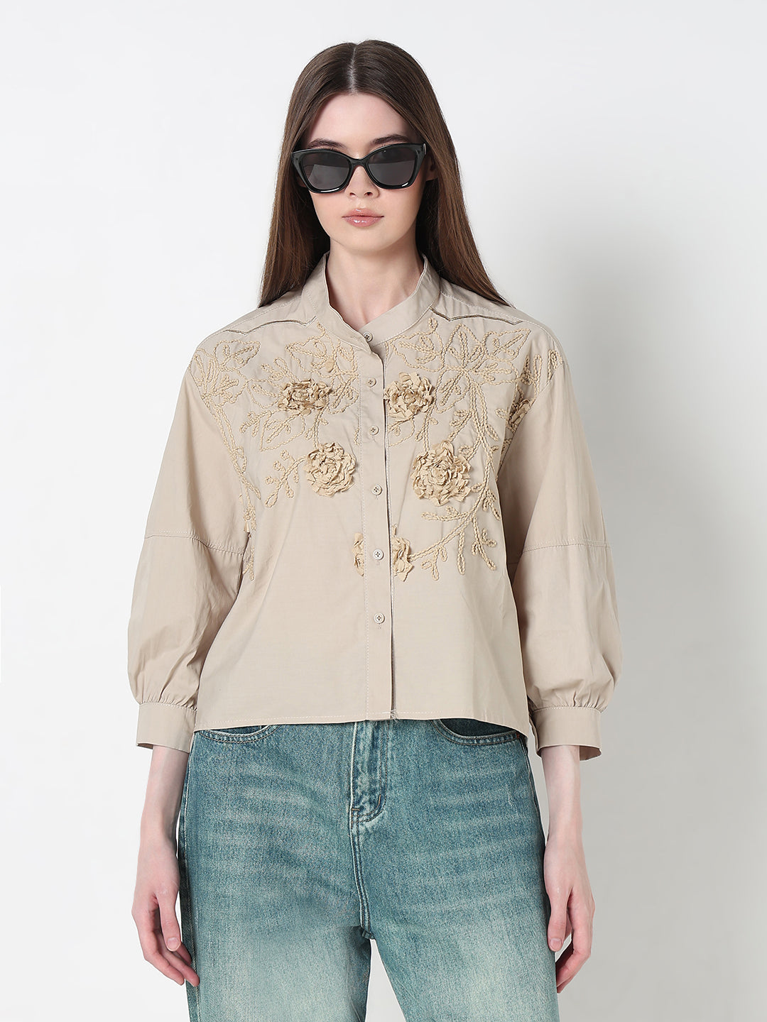 Women's Embellished Beige Floral Embroidered Shirt with Balloon Sleeves