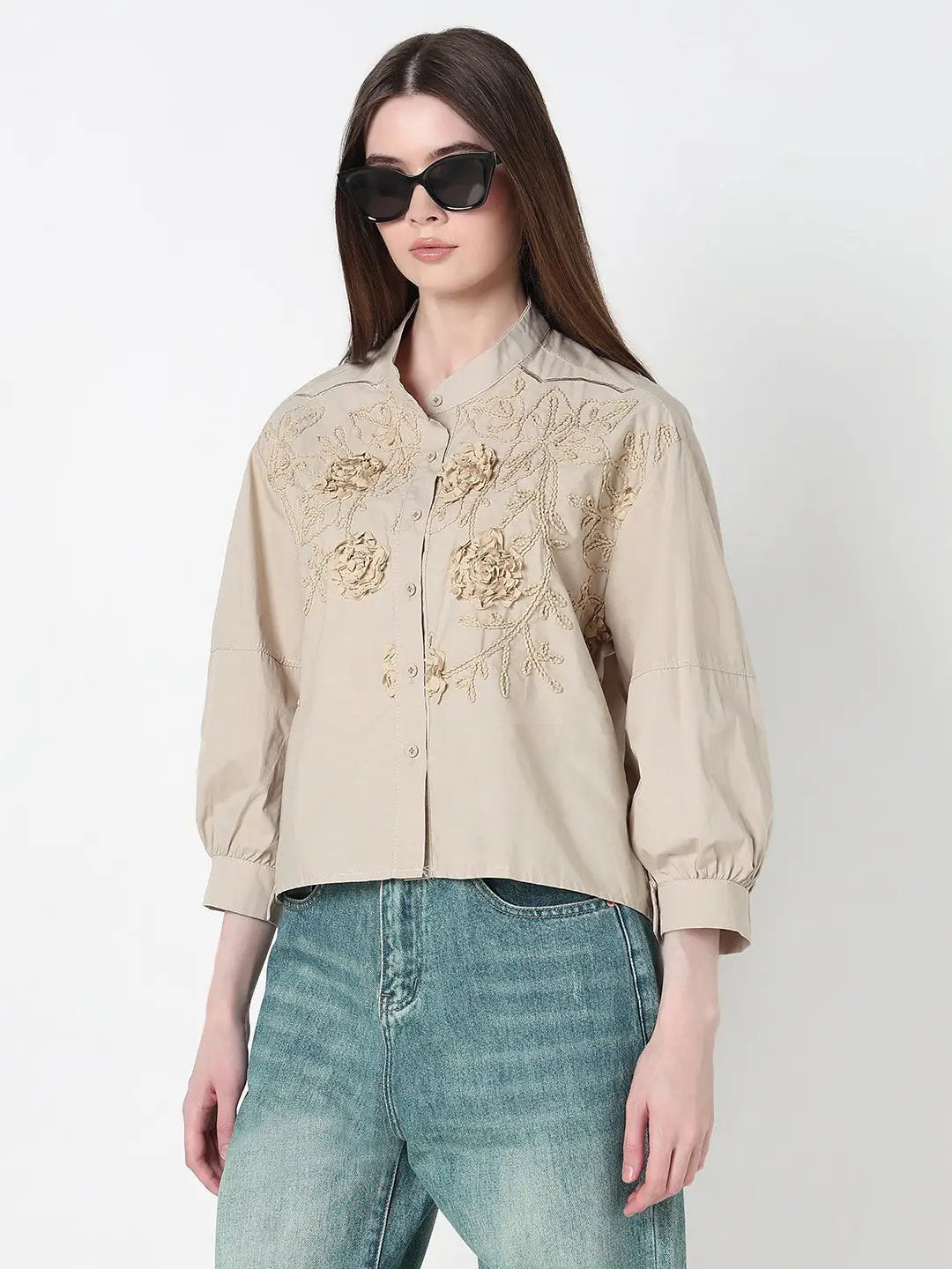 Women's Embellished Beige Floral Embroidered Shirt with Balloon Sleeves - from SHOWOFFFF
