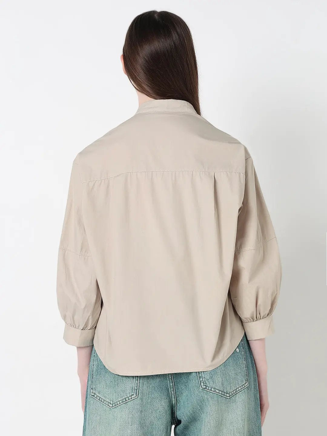 Women's Embellished Beige Floral Embroidered Shirt with Balloon Sleeves - from SHOWOFFFF