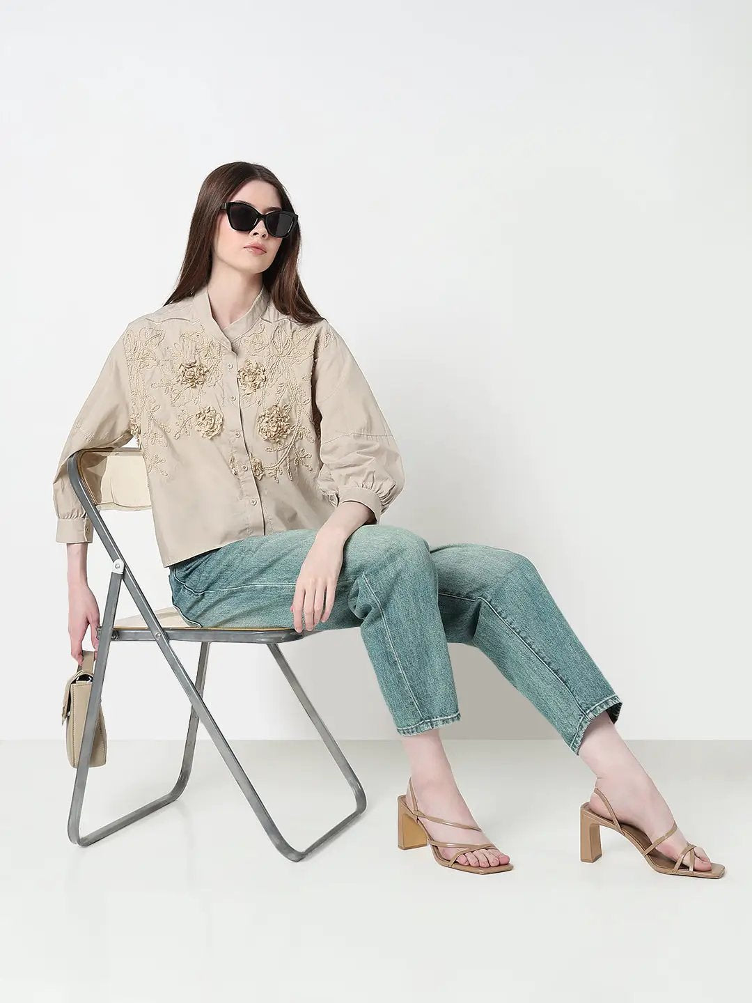 Women's Embellished Beige Floral Embroidered Shirt with Balloon Sleeves - from SHOWOFFFF