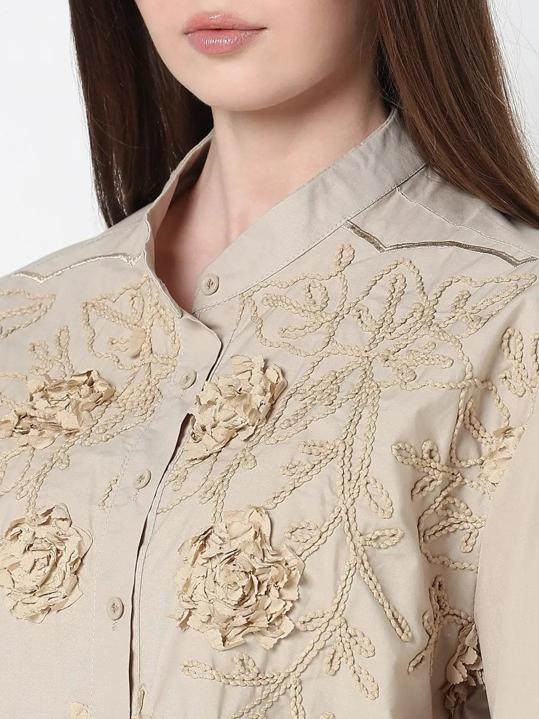 Women's Embellished Beige Floral Embroidered Shirt with Balloon Sleeves - from SHOWOFFFF